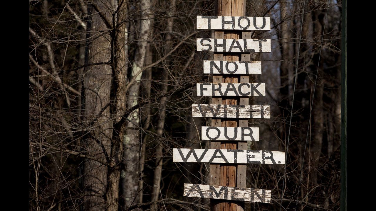 Signs protesting the process of fracking are posted near Callicoon Center, New York, in January 2012. Although oil companies hail fracking as an innovative way to boost gas reserves, the process has drawn a fair number of detractors.