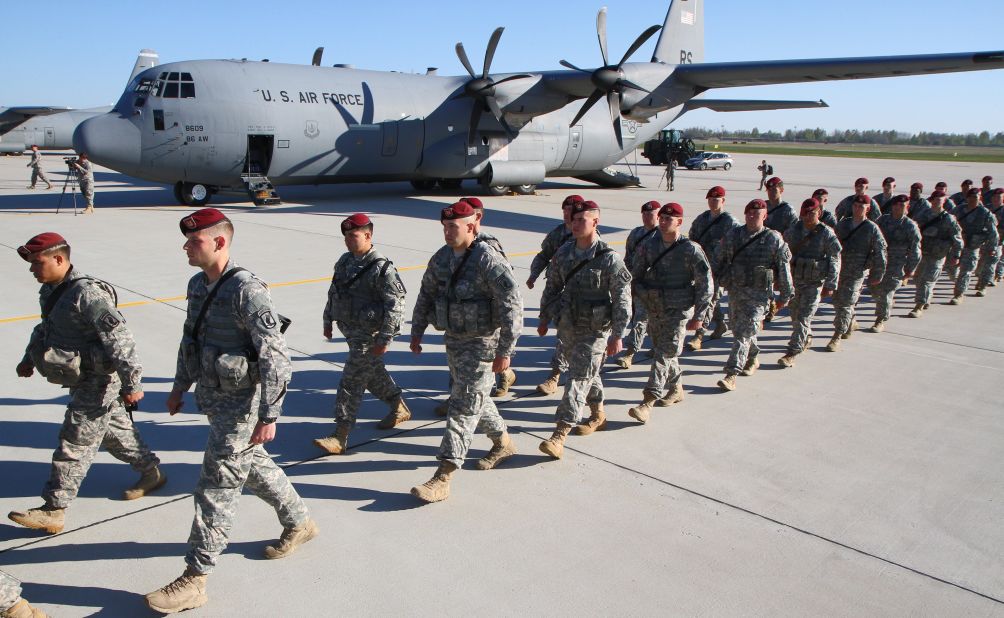 U.S. troops arrive at an air force base near Siauliai Zuokniai, Lithuania, on April 26. The United States is conducting military exercises in Poland, Latvia, Estonia and Lithuania. The exercises are, in part, a response to the ongoing instability in Ukraine.