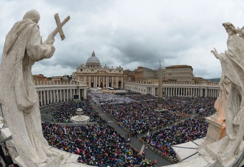 A large crowd gathers in St. Peter's Square for the canonization Mass for Popes John XXIII and John Paul II on April 27.