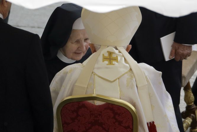 Pope Emeritus Benedict XVI greets Sister Tobiana, the Italian nun who took care of Pope John Paul II until his last moments. 