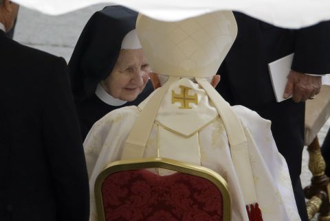 Pope Emeritus Benedict XVI greets Sister Tobiana, the Italian nun who took care of Pope John Paul II until his last moments. 