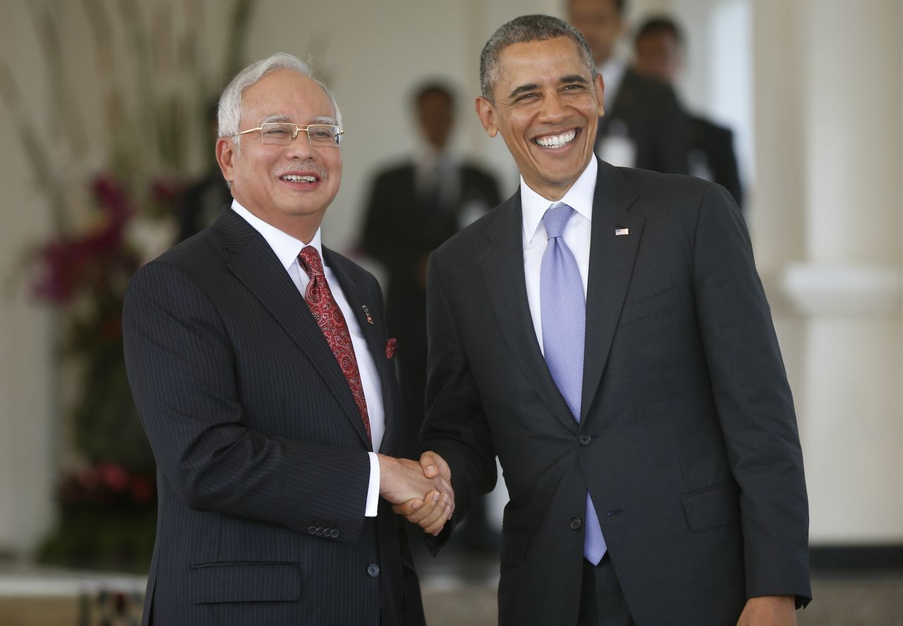 Obama shakes hands with Malaysian Prime Minister Najib Razak as he arrives at Najib's residence in Kuala Lumpur, Malaysia, on Sunday, April 27. 