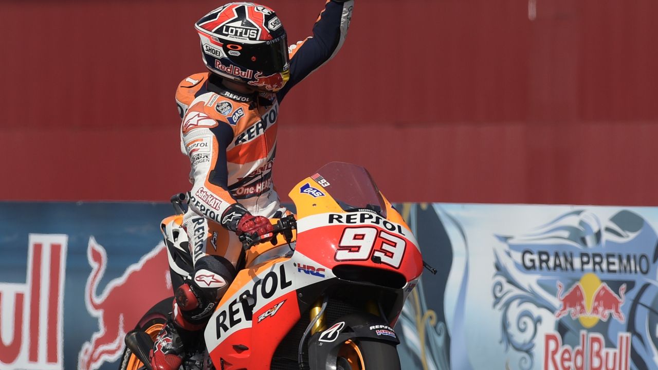 Marc Marquez crosses the finishing line to win the Argentina MotoGP for his third victory of the season.