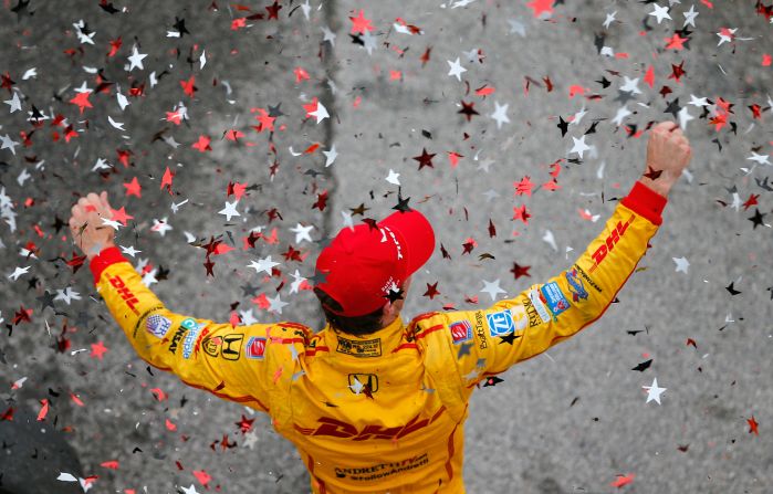 IndyCar driver Ryan Hunter-Reay celebrates after winning the Grand Prix of Alabama on Sunday, April 27, in Birmingham, Alabama.