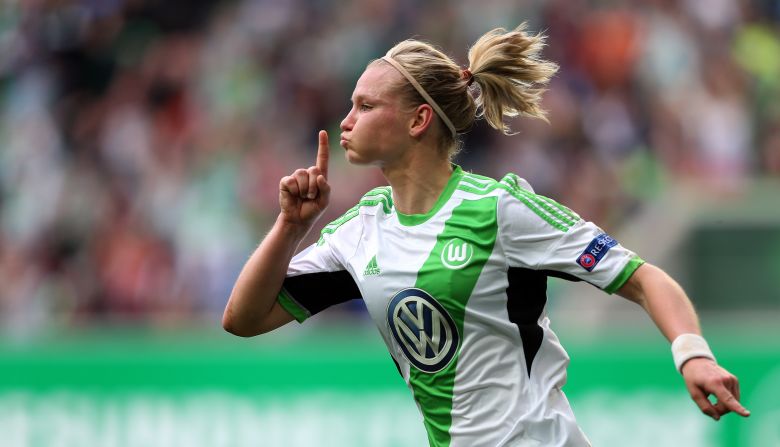 Wolfsburg's Alexandra Popp celebrates a goal against Turbine Potsdam on Sunday, April 27, during a semifinal match of the UEFA Women's Champions League. Wolfsburg, from Wolfsburg, Germany, won 4-2 to advance to the final against Swedish club Tyreso.