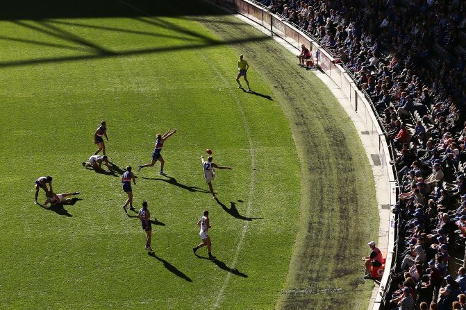 Daniel Talia of the Adelaide Crows kicks the ball during an Australian Football League match against the Western Bulldogs on Sunday, April 27. The Crows won the match, which took place in Melbourne.