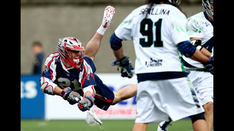 Will Mangan of the Boston Cannons takes a shot against the Chesapeake Bayhawks during their Major League Lacrosse game Sunday, April 27, in Boston. The Cannons won the game 15-9 to open their season.
