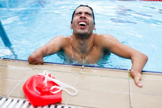 Daniel Dias emerges from the water after competing in the 50-meter butterfly during a Paralympic swimming competition Saturday, April 26, in Sao Paulo, Brazil.
