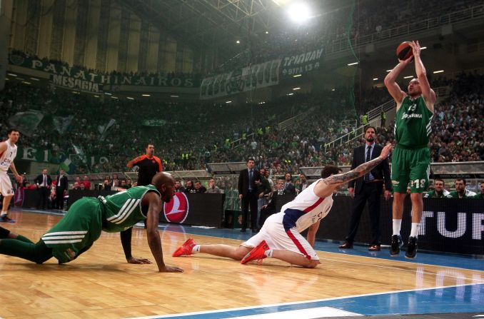 Jonas Maciulis fires a jump shot for Greek basketball team Panathinaikos during their Euroleague playoff game against CSKA Moscow on Wednesday, April 23, in Athens, Greece. Panathinaikos won the game in overtime but lost the quarterfinal series.