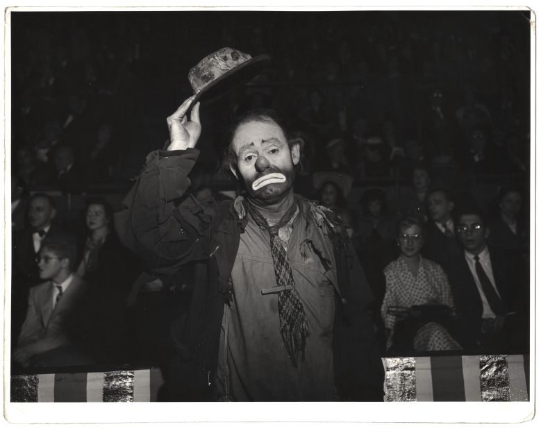 American circus performer Emmett Kelly Sr. lifts his hat at the circus in 1943. His character Weary Willie, a sad and tattered tramp, is one of the best-known clowns of the Ringling Bros. and Barnum & Bailey combined circus. He joined the Ringling Bros. circus in 1942 and stayed with it until the late 1950s. In 1952, he made his motion-picture debut in "The Greatest Show on Earth" with Charlton Heston and James Stewart. 