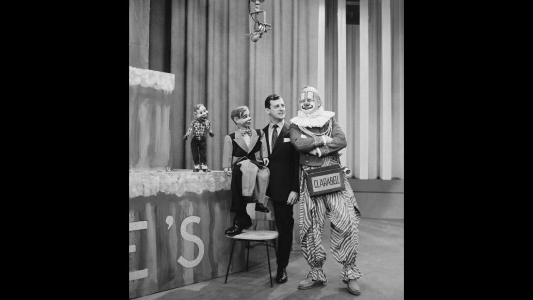 Lew Anderson, right, as Clarabell the Clown from "The Howdy Doody Show" with Howdy Doody, Jerry Mahoney (dummy) and Paul Winchell. Clarabell was a mute clown who broke his silence in the show's final episode. With trembling lips and a visible tear in his eye, he spoke the show's final words: "Goodbye, kids." The show ran on NBC from 1947 to 1960.