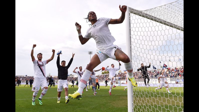 Palermo's Abel Hernandez, foreground, celebrates with his teammates after winning a Serie B match at Latina on Saturday, April 26. Serie B is the second-highest division of Italian soccer.