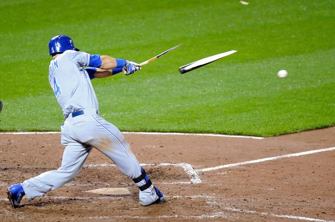 Alex Gordon of the Kansas City Royals breaks his bat on a groundout Friday, April 25, during a Major League Baseball game against the Baltimore Orioles.