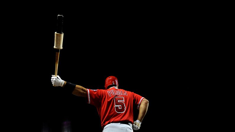 Albert Pujols of the Los Angeles Angels of Anaheim stands on deck Tuesday, April 22, in a game against the Washington Nationals. Pujols hit his 500th career home run earlier in the game, which the Angels won 7-2.
