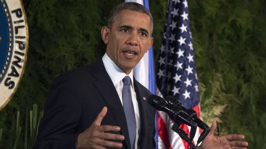 US President Barack Obama speaks during a bilateral press conference with the Philippines President Benigo Aquino (not in picture) at Malacanang Palace in Manila on April 28, 2014.