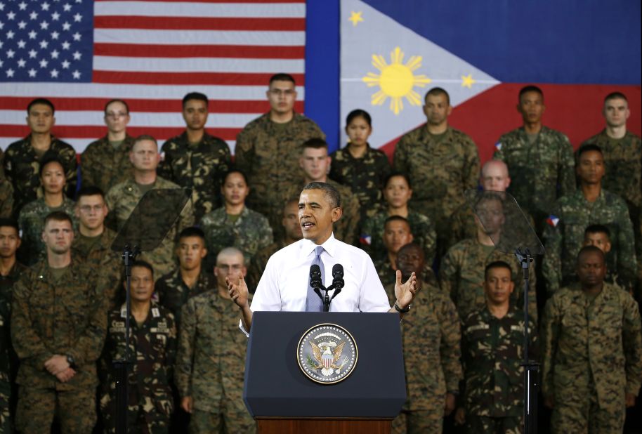 U.S. President Barack Obama addresses U.S. and Philippine troops in Manila, Philippines, on Tuesday, April 29. The Philippines was the last stop on Obama's four-country tour of Asia.
