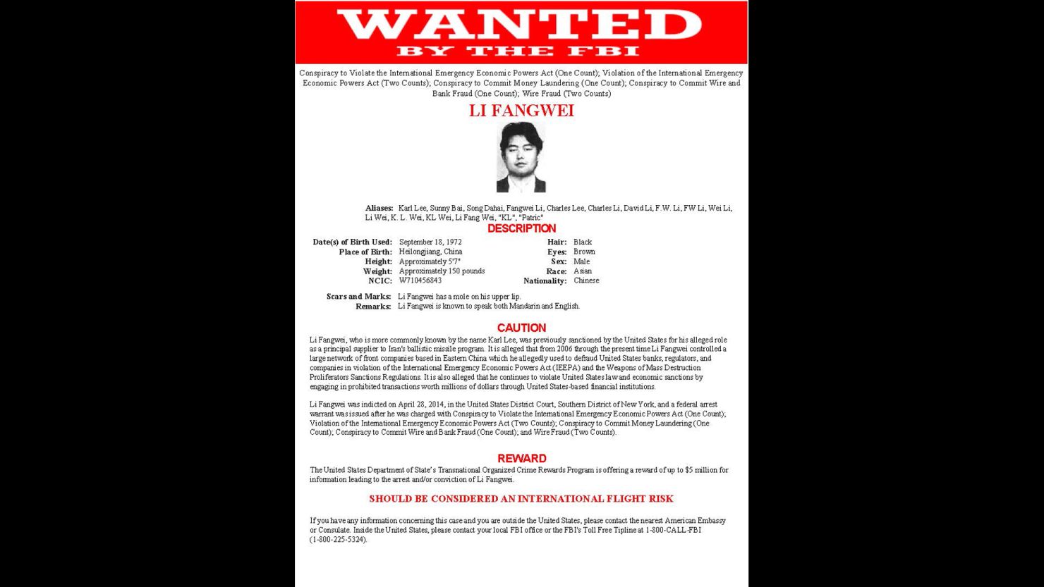 Li Fangwei wanted by the FBI.