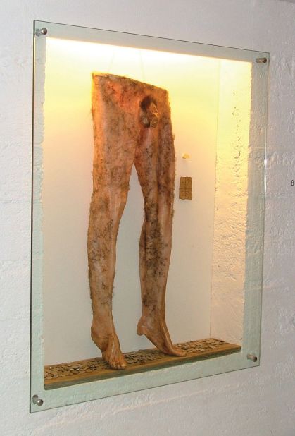 A replica of  "necropants," which were reputedly made from human skin and said to grant financial success to the wearer.