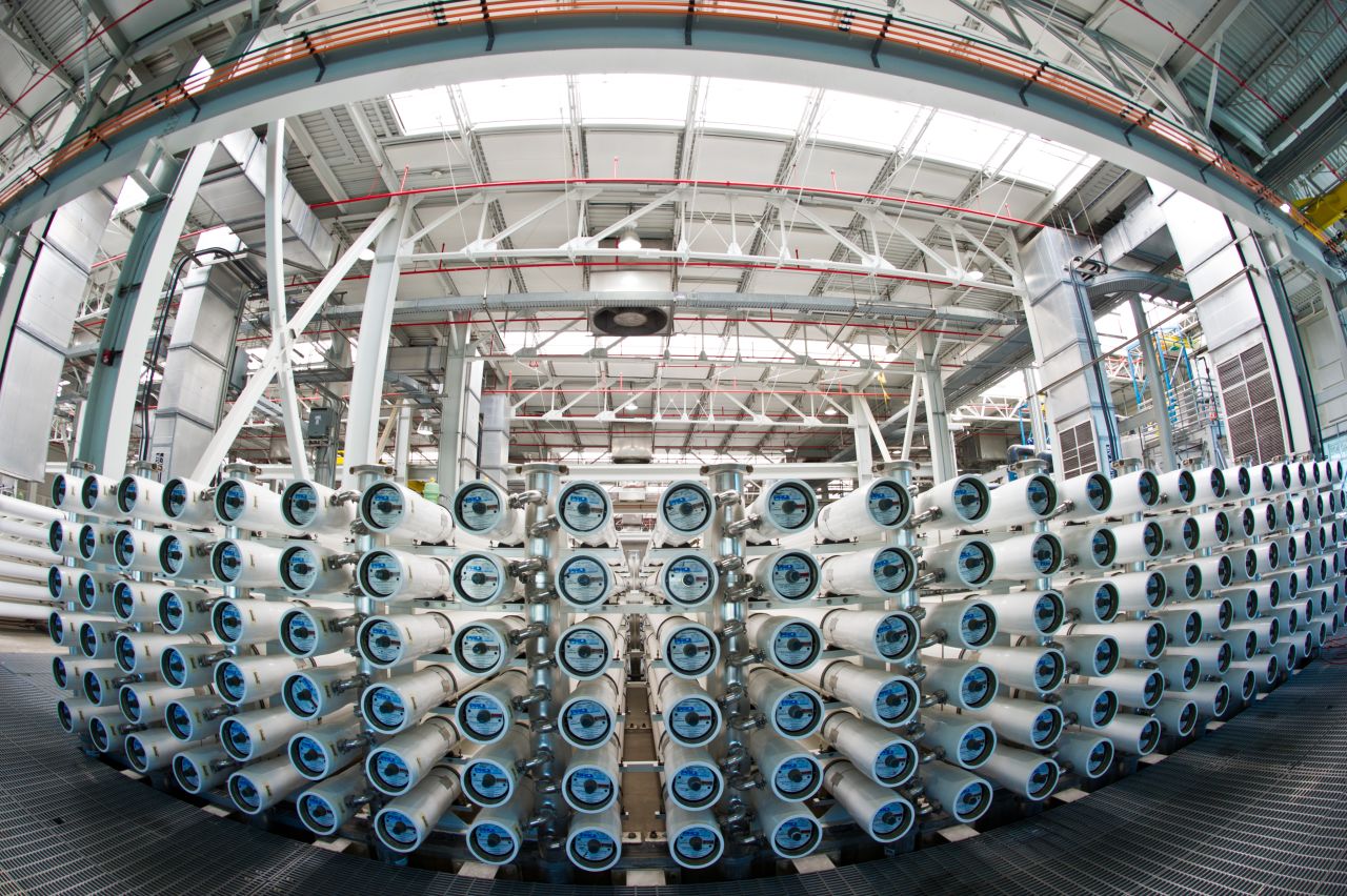 At the Groundwater Replenishment System plant treated wastewater goes through a three-step treatment process using microfiltration, reverse osmosis and UV light. Pictured, reverse osmosis membrane arrays.