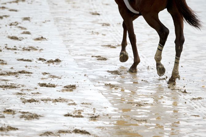 As much as two inches of rain fell on Monday alone, leading to sodden tracks as horses went out to train.