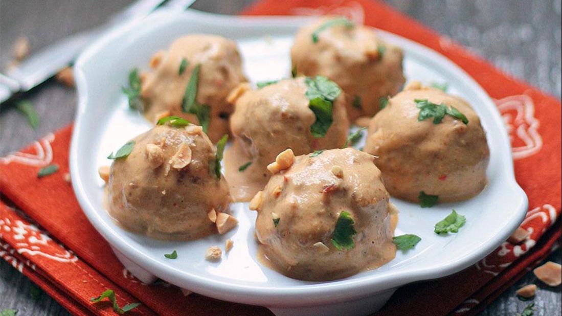 These chicken satay meatballs are gluten-free and lower in fat and carbs than those made from beef. They also have an exotic Thai flavor.