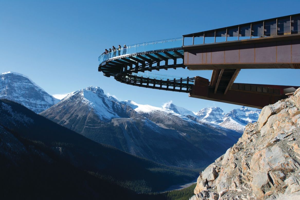 Designed by Sturgess Architecture, the Glacier Skywalk is a 1,500-foot-long interpretive walk in Jasper National Park in the Canadian Rockies. The steel and glass structure cantilevers outward, overlooking the Sunwapta Valley and facing the Athabasca Glacier. 