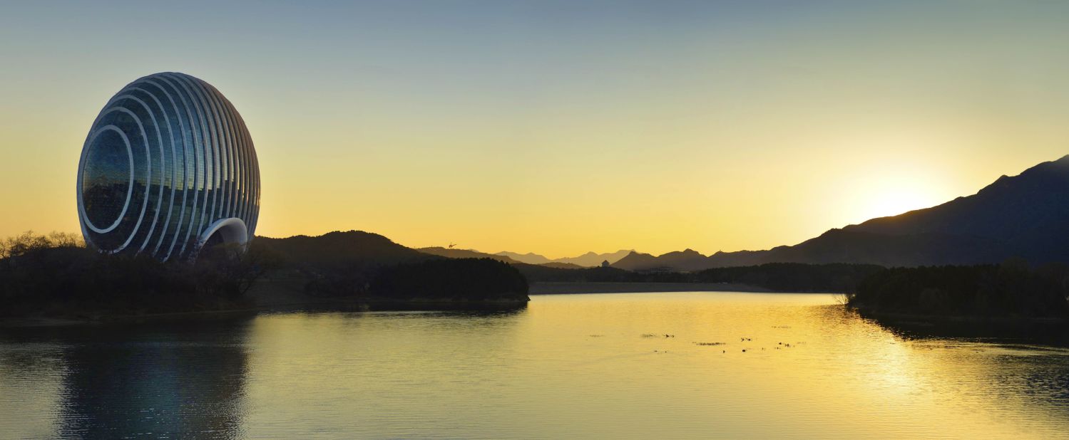 The Sunrise Kempinski Hotel on Beijing's Yanqi Lake has a private marina and is lit up by hydroelectric-powered LED lights.