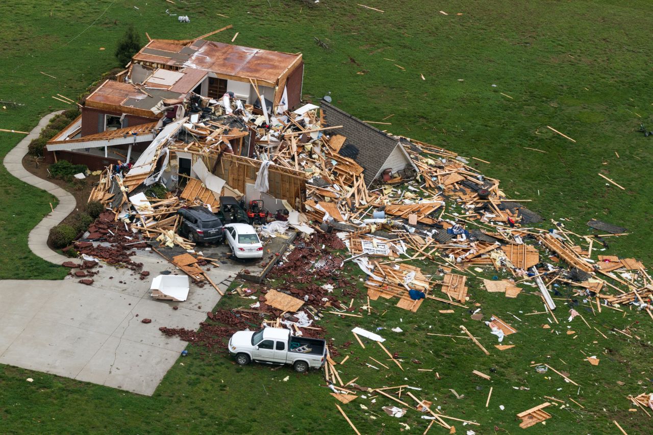 A tornado-damaged home near Fayetteville, Tennessee, is seen on April 30.