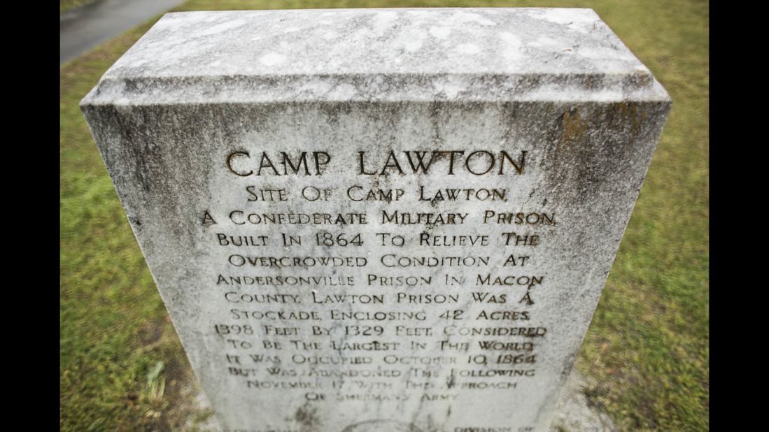 A marker identifies the location of Camp Lawton near Millen. This part of the land once occupied by the prison is now Magnolia Springs State Park, while another portion where thousands of prisoners lived became a federal fish hatchery. Lawton, at 42 acres, was considered the largest prison in the world at the time of the American Civil War, which lasted from 1861 to 1865.