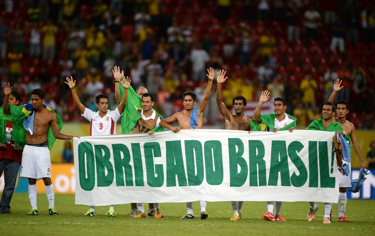 Another thrashing (8-0) followed against Uruguay, but Tahiti thanked their fans with a banner following their final group game at the  Arena Pernambuco. 