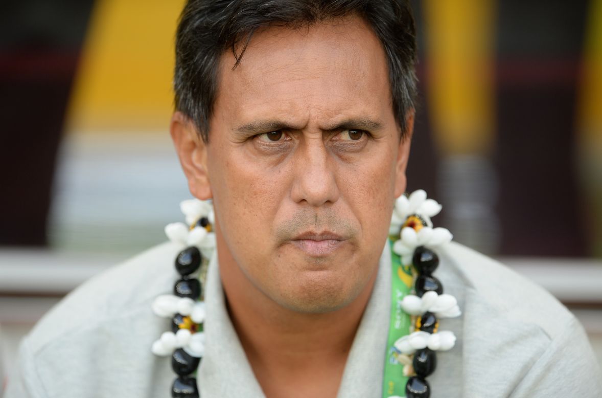 Tahiti head coach Eddy Etaeta looks on as his team of part-timers takes on the reigning World and European champions. 