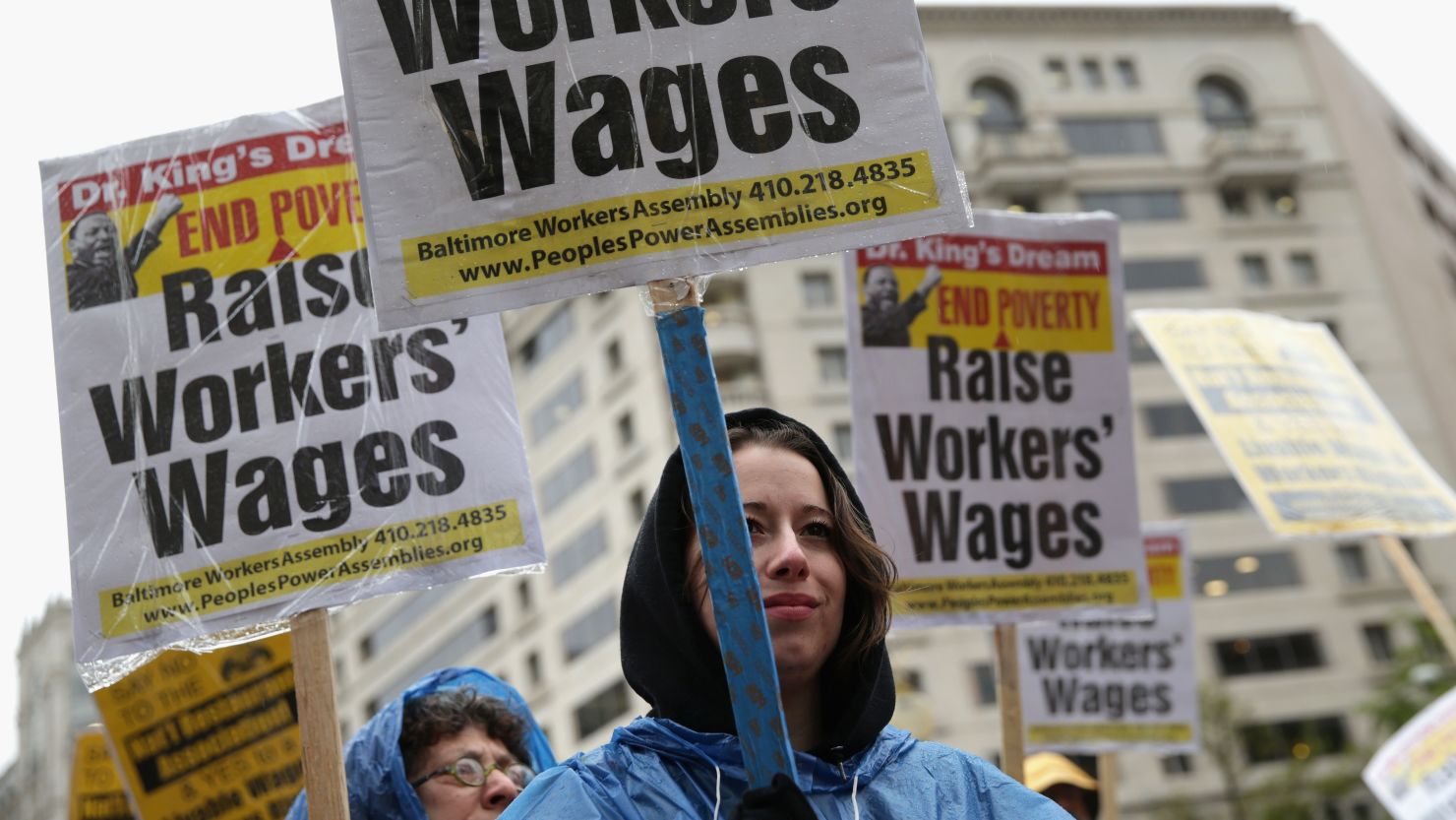 Workers demonstrate for a higher minimum wage on April 29 in Washington.