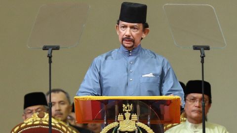 Brunei's Sultan Hassanal Bolkiah delivers a speech during the official ceremony of the implementation of sharia law.
