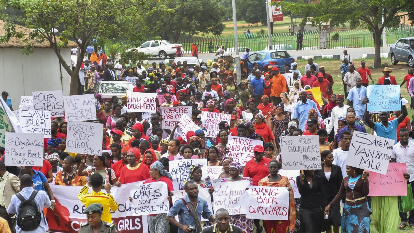 Protesters take part in a "million-woman march" Wednesday, April 30, in Abuja.