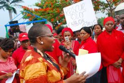 Former Nigerian Education Minister and Vice-President of the World Bank's Africa division Obiageli Ezekwesilieze speaks during a march for the kidnapped Chibok girls.  