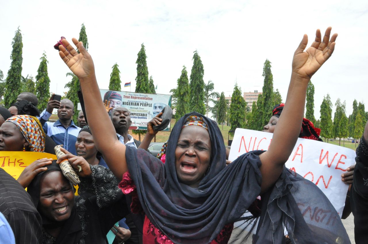 A woman cries out during a demonstration in Abuja on Tuesday, April 29, along with other mothers whose daughters have been kidnapped.