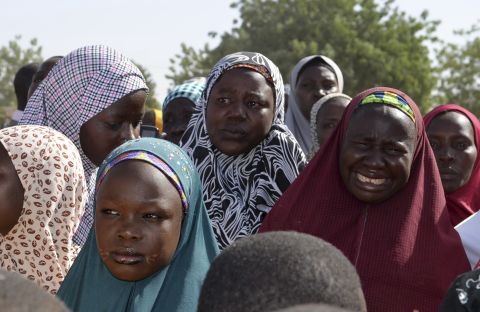 Mothers weep April 22 during a meeting with the Borno state governor in Chibok.