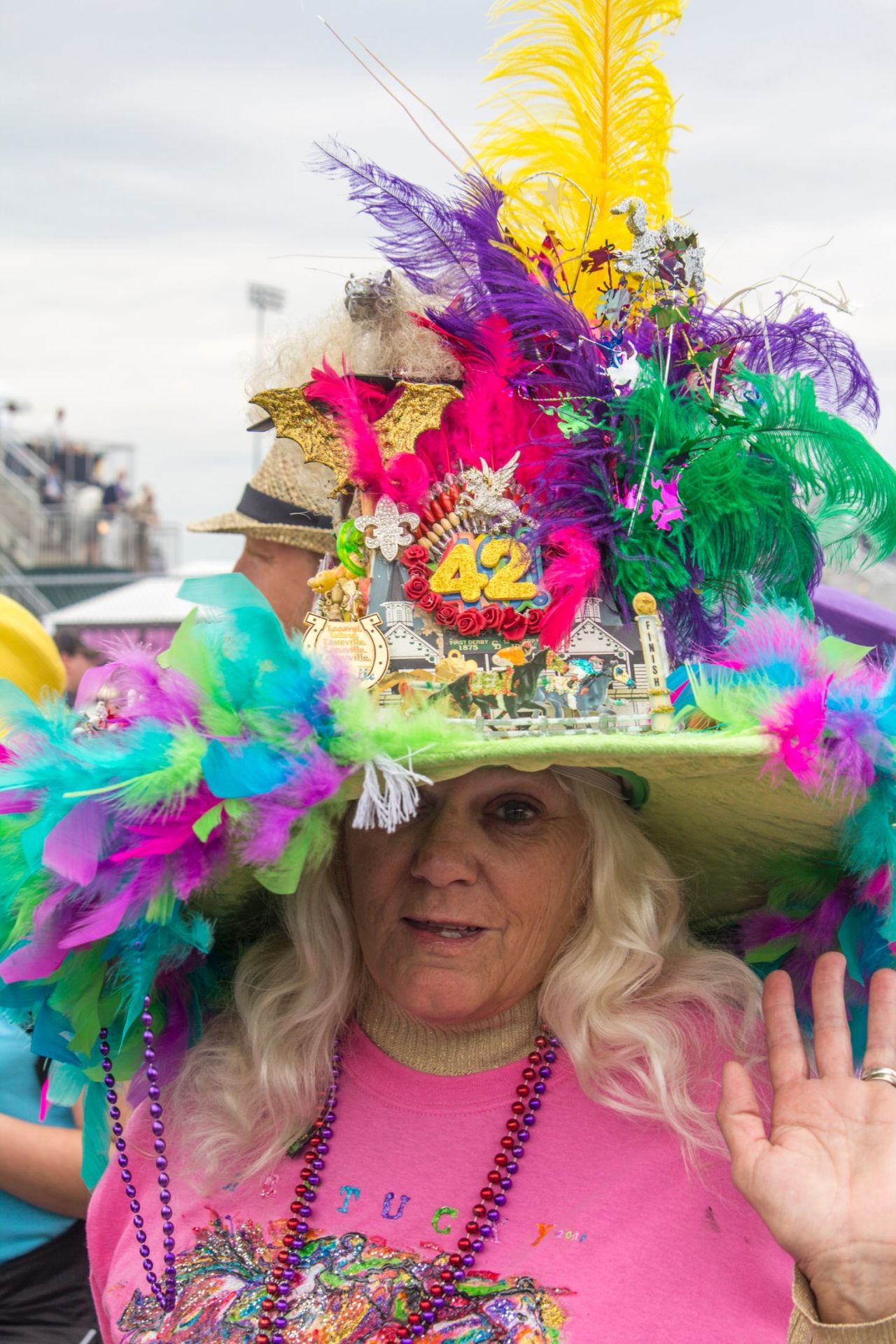 Feathers are a staple material worn on Derby hats, though usually not quite this many.
