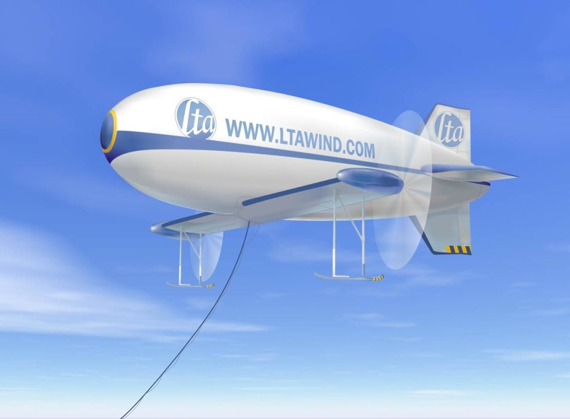 Canada's LTA Windpower has designed a hydrogen-filled, winged-blimp called the PowerShip.