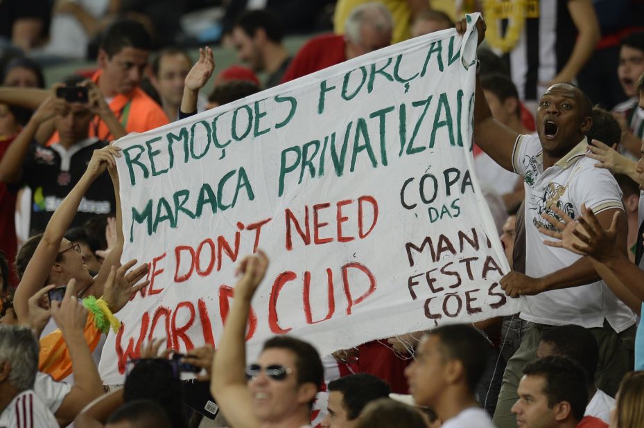 Demonstrations against the high cost of the World Cup took place around Brazil leading up to the event, such as this small but animated protest inside Maracana Stadium during a 2013 Confederations Cup match.