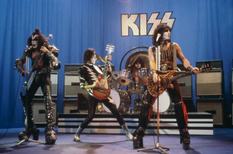 Kiss performs on stage, circa 1981. Peter Criss, the band's original drummer, was replaced by Eric Carr in 1980. From left, Gene Simmons, Ace Frehley, Eric Carr and Paul Stanley.
