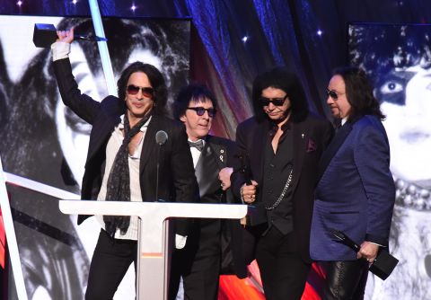 In 2014, 40 years after KISS' first album, the members of the band were inducted into the Rock and Roll Hall of Fame. From left, inductees Paul Stanley, Peter Criss, Gene Simmons and Ace Frehley celebrate at the induction ceremony in April.