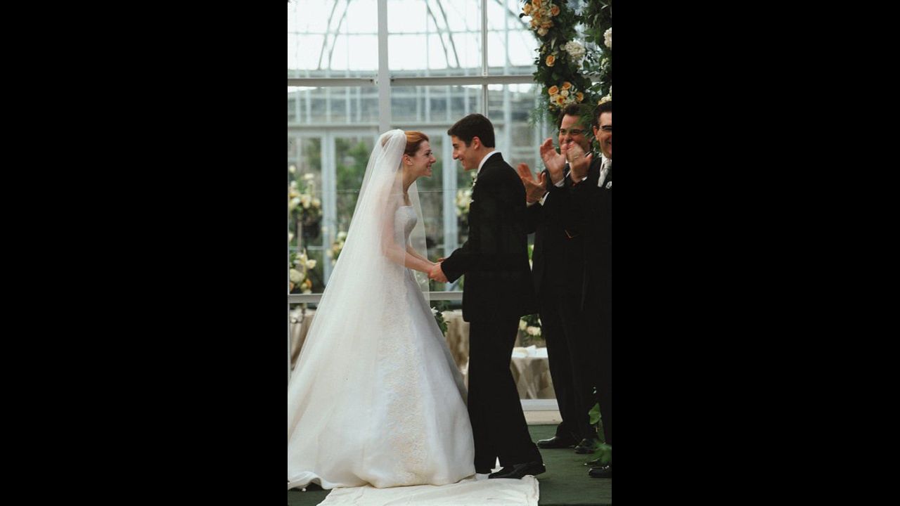 <strong>"American Wedding":</strong> The "American Pie" gang has grown older and graduated to wedding cake in this 2003 sequel, but that doesn't mean they've grown up. At the nuptials of Michelle and Jim (Alyson Hannigan and Jason Biggs), messy antics ensue. (And yes, Stifler's mom makes quite a splash.)