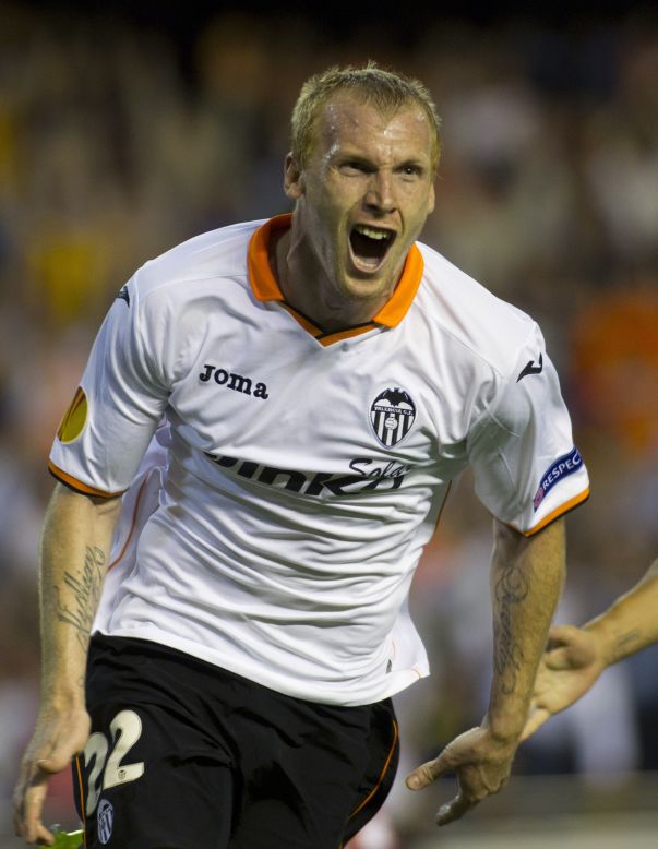 Valencia's French defender Jeremy Mathieu celebrates after putting Valencia 3-2 up on aggregate and within touching distance of the final.