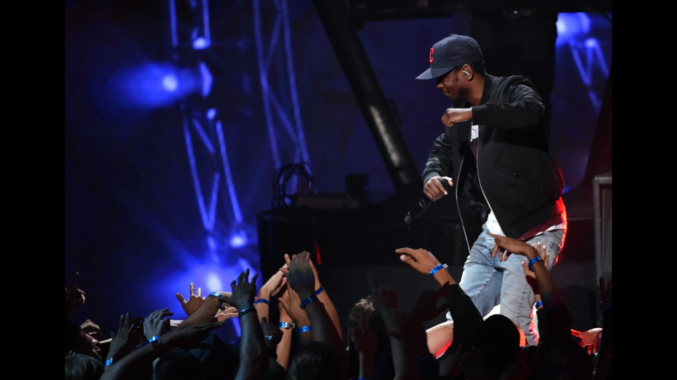 Rapper Kendrick Lamar performs onstage during the 2014 iHeartRadio Music Awards held at The Shrine Auditorium on Thursday, May 1, 2014, in Los Angeles. 
