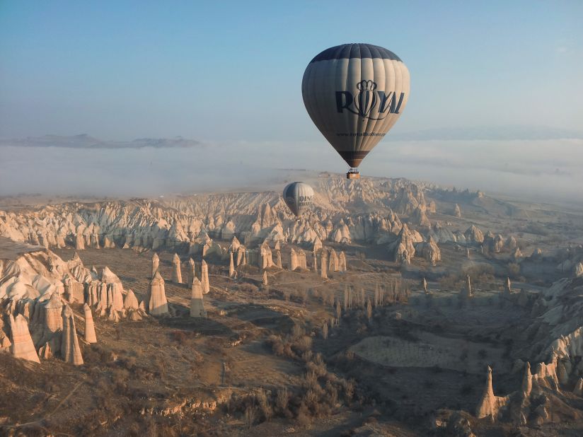 The view of of twisted rock formations in Cappadocia, Turkey, is most magnificent from the air. 