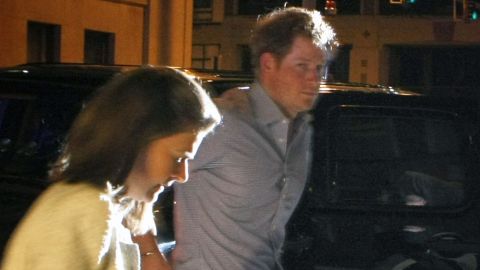 Britain's Prince Harry steps out of a vehicle to eat at Rendezvou in downtown Memphis, on May 1.