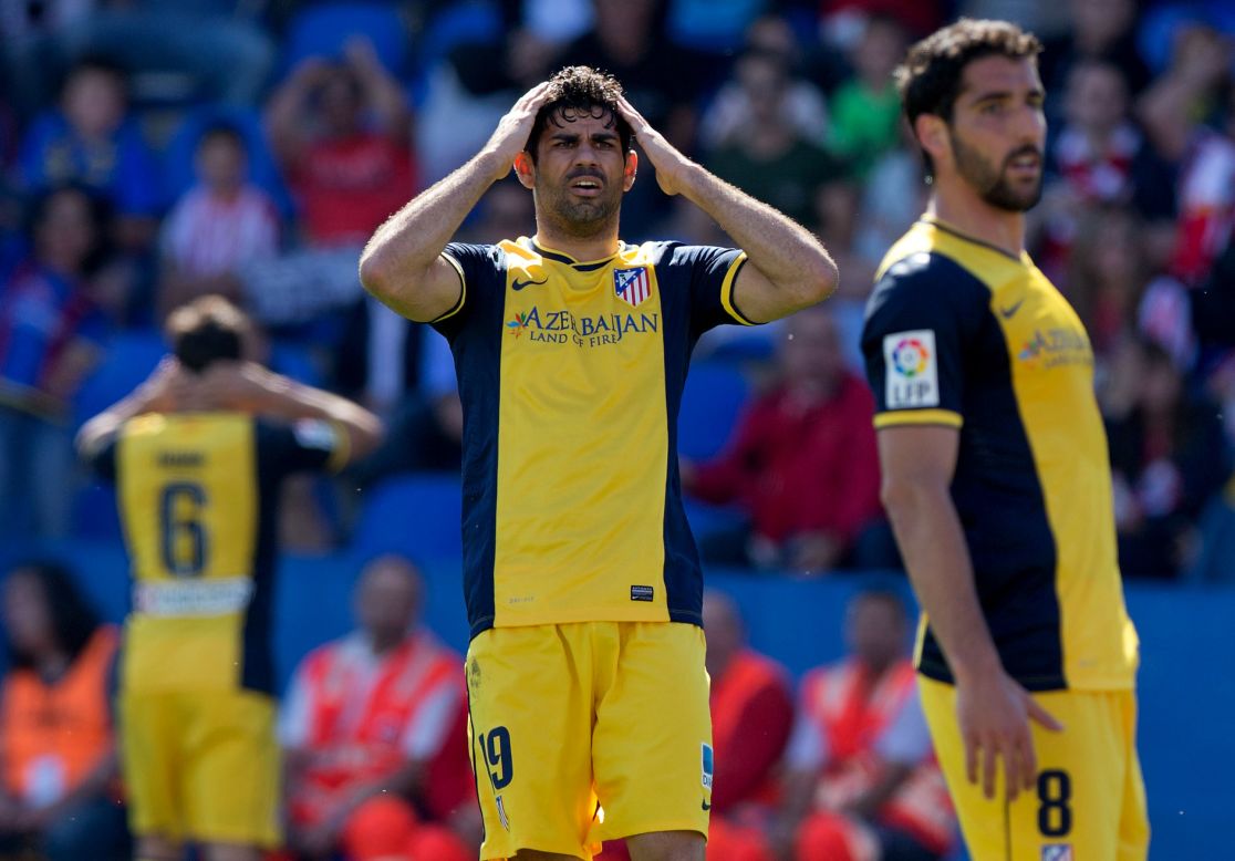 Diego Costa reacts in disbelief as Atletico Madrid slip to a shock 2-0 defeat to Levante in La Liga.