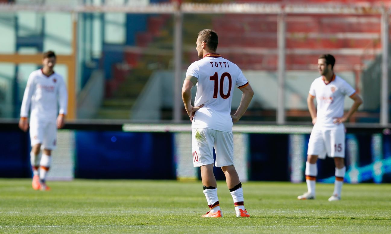 Roma captain Francesco Totti scored in the 4-1 defeat at Catania which finally ended his side's title hopes in Italy.