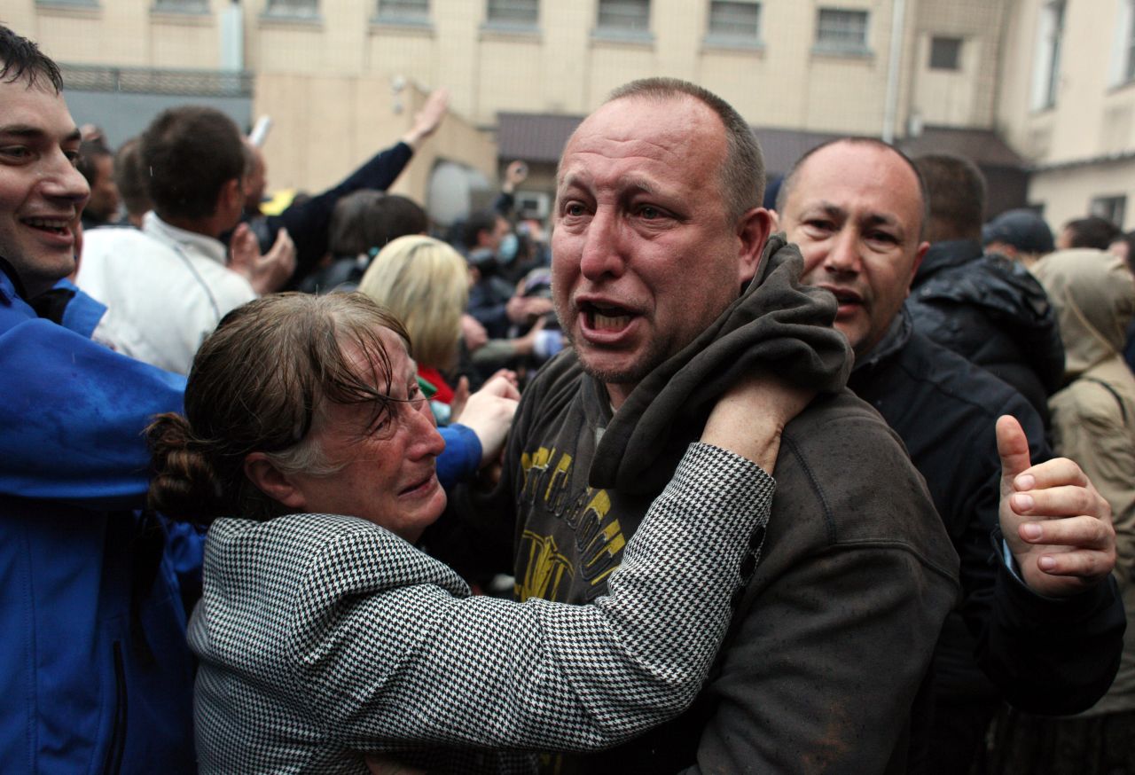 A pro-Russian militant reacts after being freed on May 4 in Odessa. 